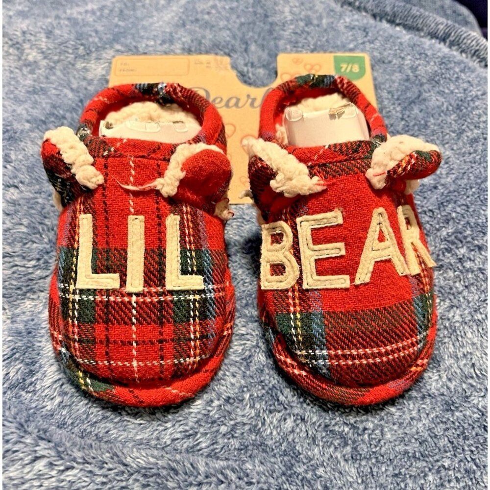 NWT DEARFOAMS Toddler Tartan Red Plaid Lil Bear Slip On Slippers Sz 7/8